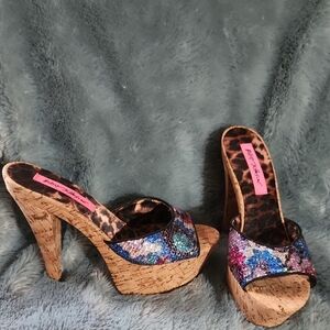 Betsey Johnson Blue and Pink Sequin Platform Cork Heels New 7.5